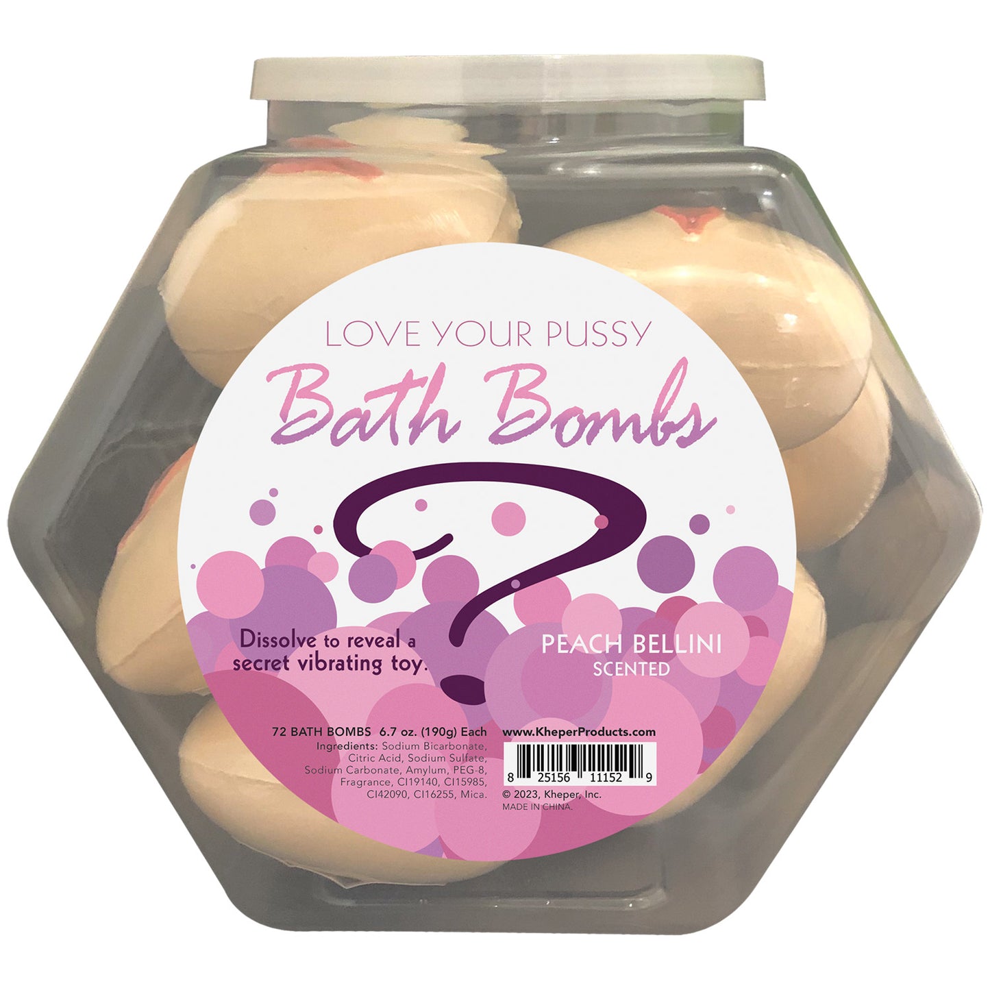 Love Your Pussy Bath Bomb Fishbowl Display of 9 Units - Peach Bellini KG-BGR24FB