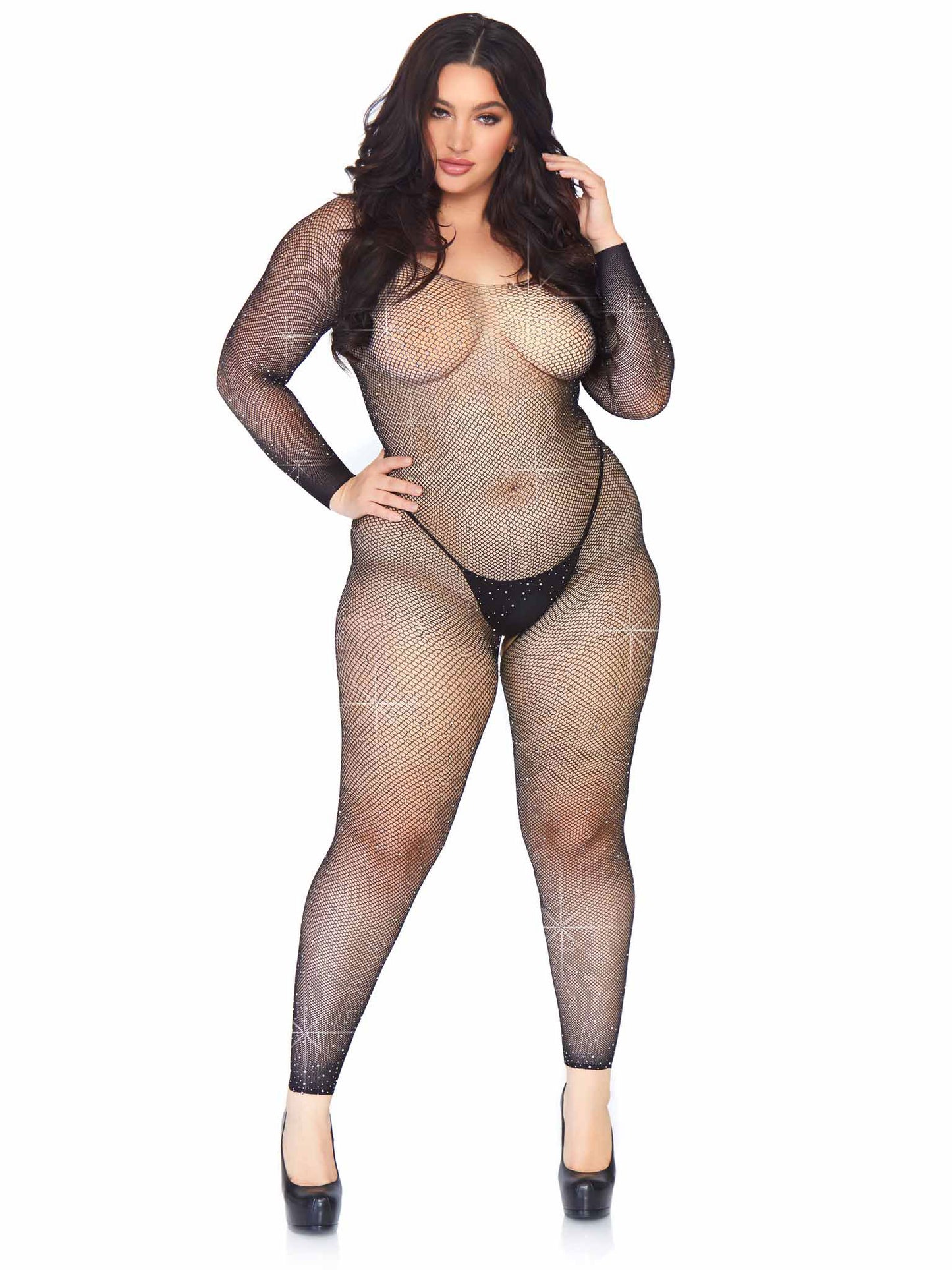 Crystalized Seamless Fishnet Long Sleeved Bodystocking - 1x/2x - Black LA-89233XBL1X2